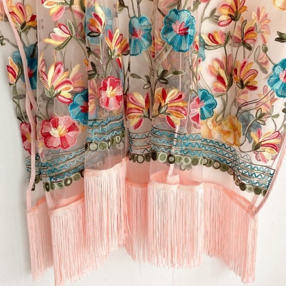 Haute Hippie Pink Mesh Floral Embroidered Fringe Boho, Festival Kimono, OS. NWT! - Picture 6 of 16